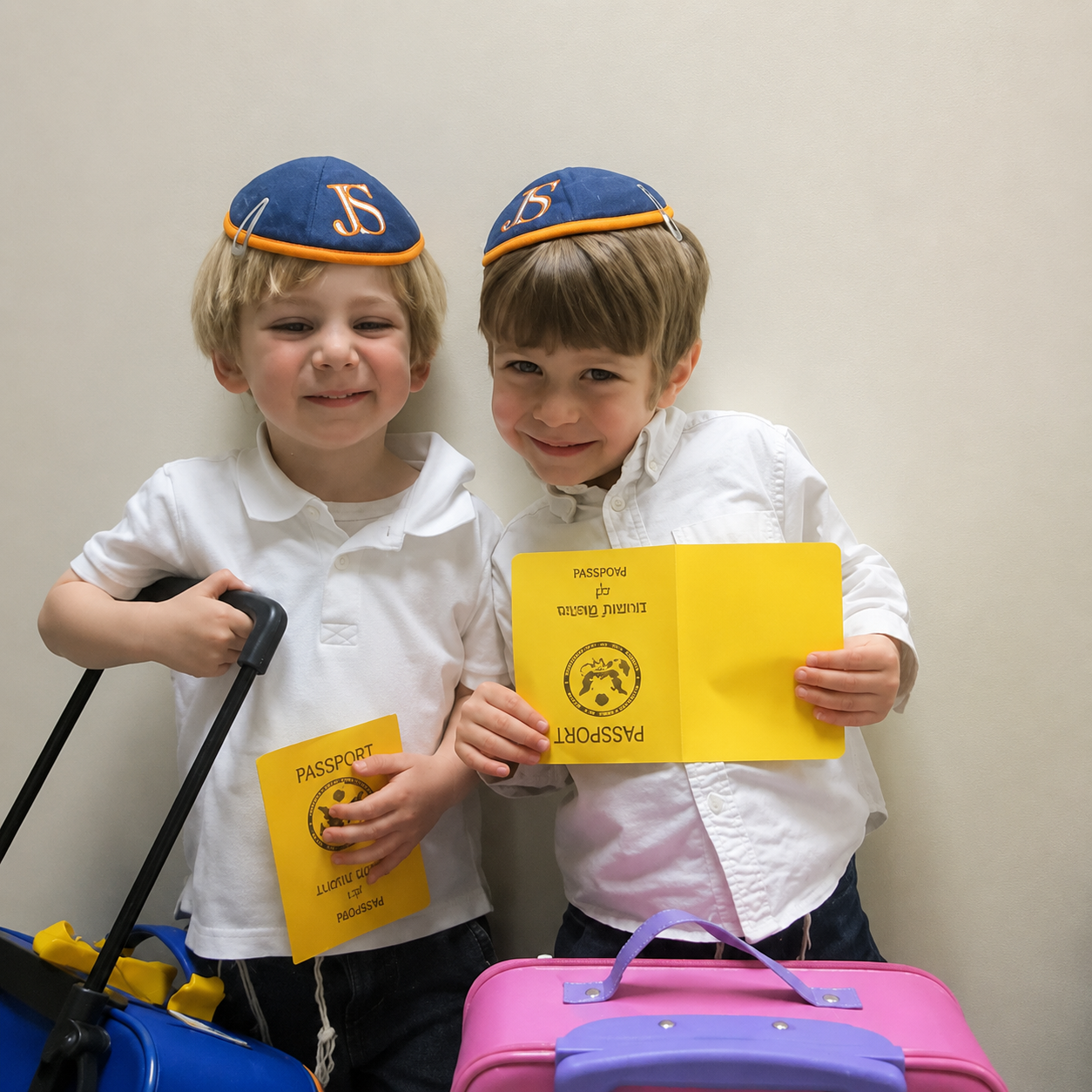 Two children in white shirts holding yellow papers beside a pink suitcase and blue bags
