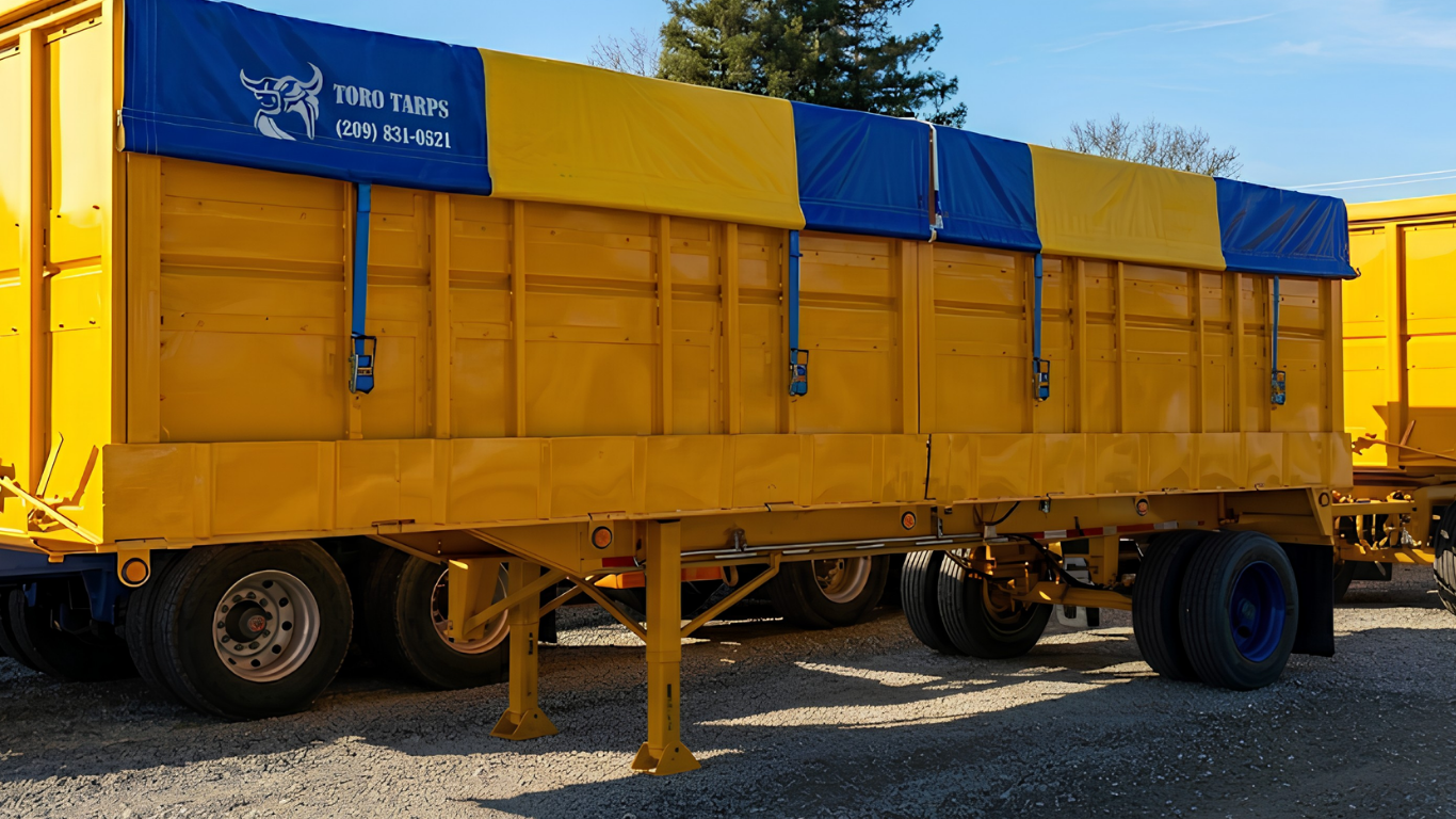 Yellow freight trailer with blue tarp and straps parked on a lot