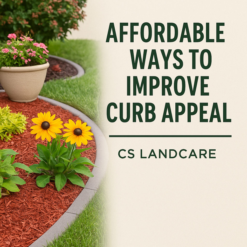 A lawn with flowers and mulch and the words `` affordable ways to improve curb appeal ''