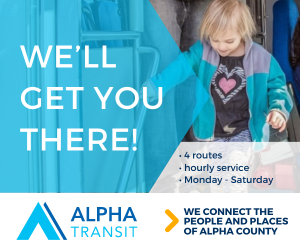 Advertisement for Alpha Transit with a child, text 