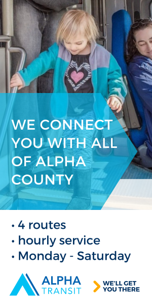 Ad: Child on transit steps, blue accents, text 