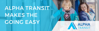 Alpha Transit ad: A child and woman seated on a bus. Text on left: Alpha Transit makes going easy.