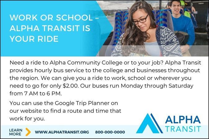 Advertisement for Alpha Transit bus service. Woman on bus, text: