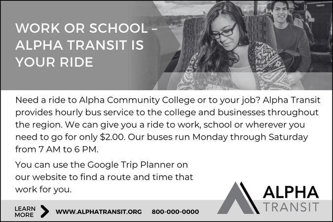 Advertisement for Alpha Transit. Woman on a bus, text: