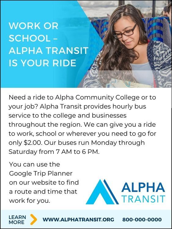Advertisement for Alpha Transit with a woman on a bus, text about bus service to work/school, $2 fare.