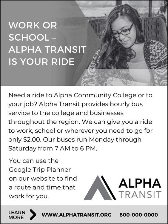 Advertisement for Alpha Transit offering bus service to work or school for $2.00. Features a woman and website/phone info.