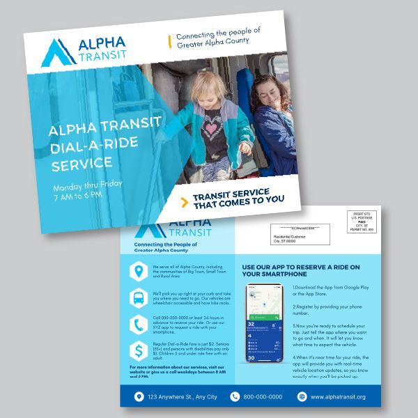 Alpha Transit flyer advertising dial-a-ride service. Featuring a photo of a child and adult on a bus and highlighting service details.