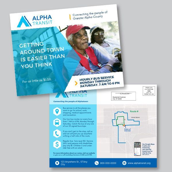 Flyer for Alpha Transit: blue and white, senior women, route map, information about bus services.