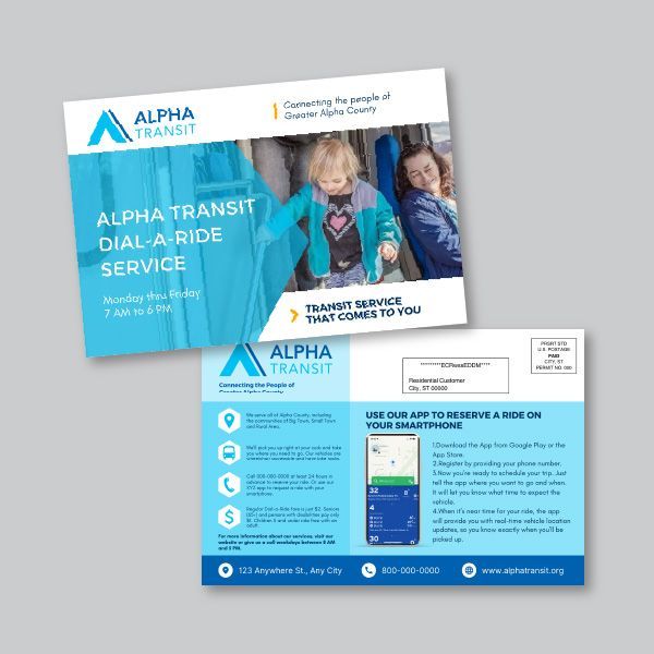 Postcard promoting Alpha Transit's Dial-A-Ride service, with blue and white design. Features people, phone icons, and app information.