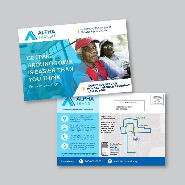 Alpha Transit postcard: Elderly people on a bus. Includes route map, services information and contact details.