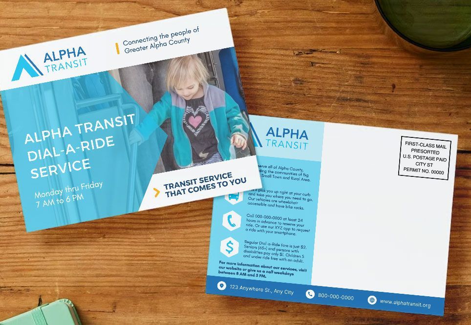 A postcard for Alpha Transit, showing a child and providing dial-a-ride information with blue accents on a wooden surface.