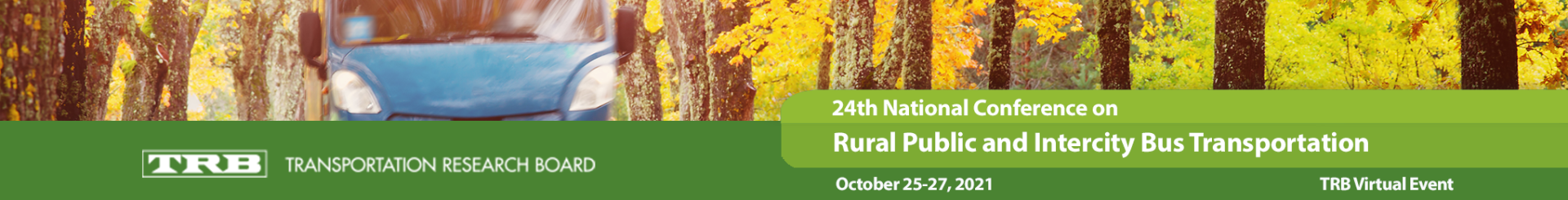 A blue car in a forest, with green grass and a green bar at the bottom with text about a conference.