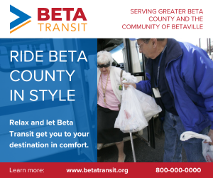 Advertisement: Elderly couple boarding a Beta Transit bus. Text says 
