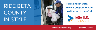 Ad for Beta Transit: Man helping woman board bus. Text: 