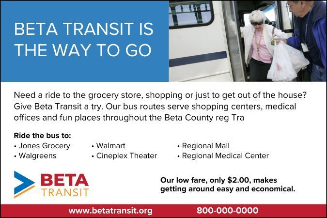 Advertisement for Beta Transit, showing a woman exiting a bus and listing places served; fares are $2.00.