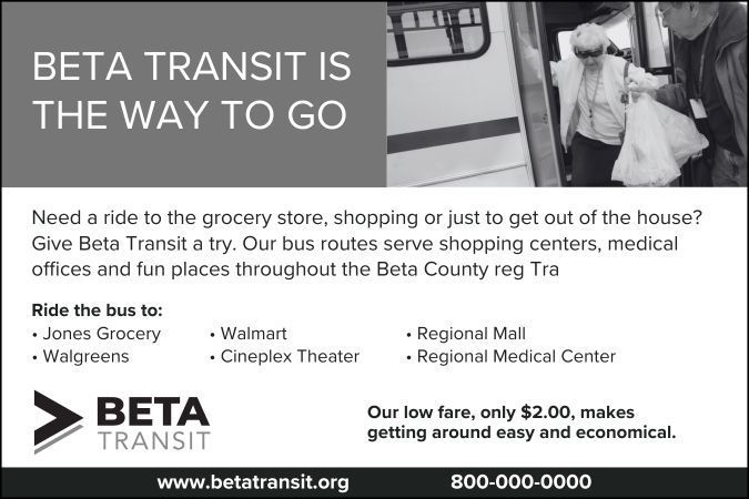 Advertisement for Beta Transit, showing a woman exiting a bus and text describing its routes and fare.