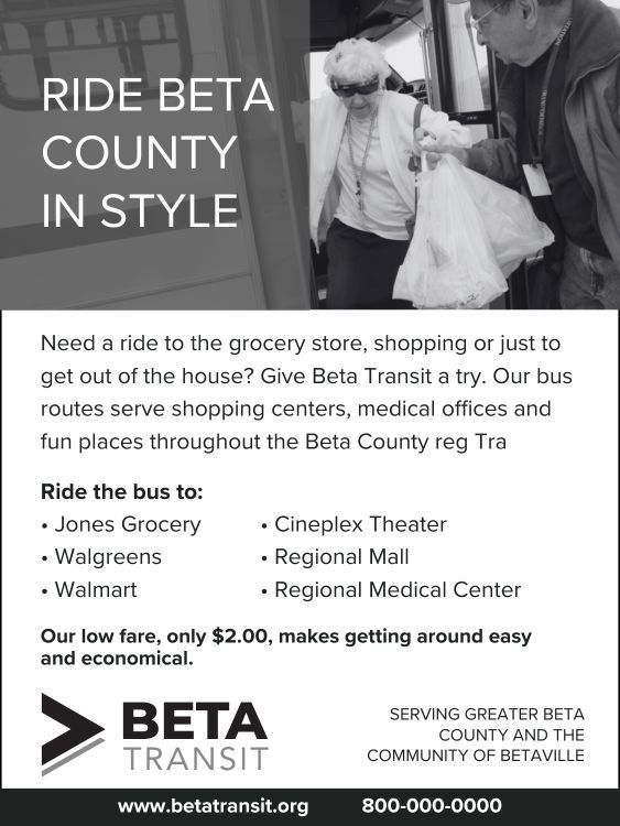 Advertisement for Beta Transit, showing a senior woman exiting a bus. Text lists places served and $2 fare.