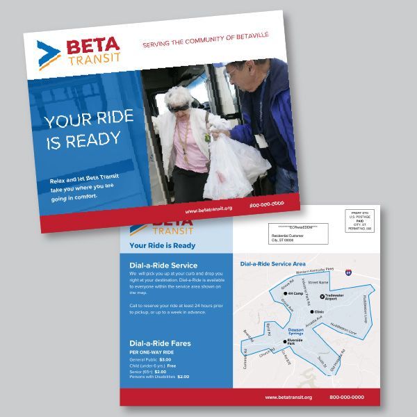 Promotional flyer for BETA Transit. Shows a bus passenger being helped onto the bus. Includes service information and map.