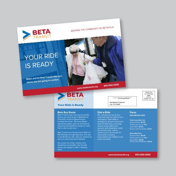 Brochure for Beta Transit: shows a bus passenger; text reads 