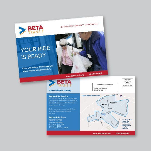 Postcard promoting Beta Transit's ride service, featuring photo of people boarding a bus, a map, and service details.