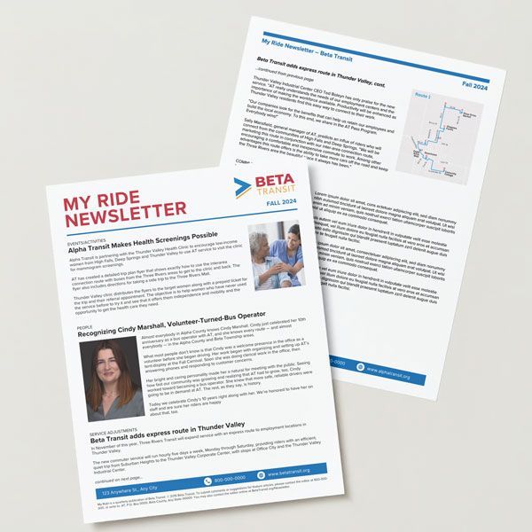 Two-page newsletter with a masthead that says “My Ride Newsletter”. Articles and photos.