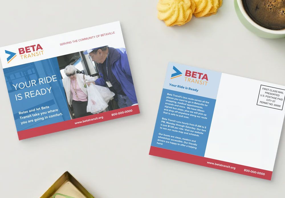 Two Beta Transit postcards: one with a photo of a man helping a woman on a bus, the other with info and a logo.