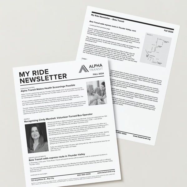 Newsletter with information about a transit system: Alpha Transit, Fall 2023. Features articles and map.