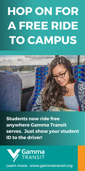 Ad: Student rides free on Gamma Transit. Woman on bus, text says 