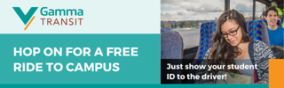 Advertisement for Gamma Transit: Students ride free to campus. Girl on bus, shows ID.