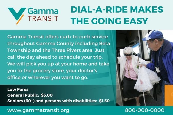 Advertisement for Gamma Transit Dial-A-Ride. Senior exits bus with help. Text details curb-to-curb service & fares.
