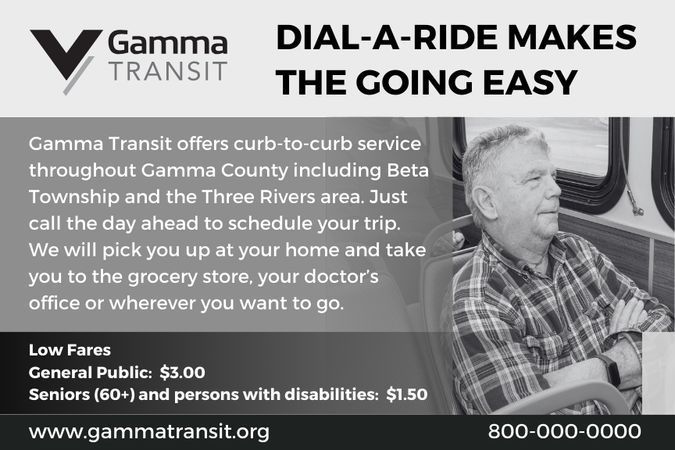 Advertisement for Gamma Transit's Dial-A-Ride service. Includes fare information, contact, and a photo of a person on the bus.