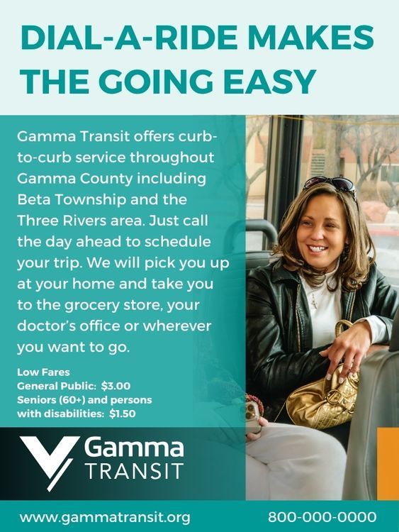 Advertisement for Gamma Transit's dial-a-ride service. A woman smiles on a bus. Text details service and low fares.