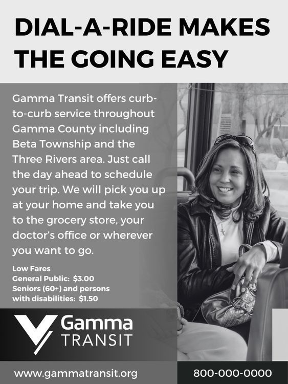 Advertisement for Gamma Transit Dial-A-Ride. A woman smiles on a bus. Text details service to grocery stores, etc.