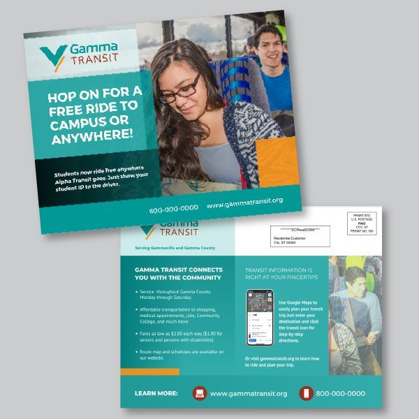 Advertisement for Gamma Transit offering free rides, featuring students on a bus.