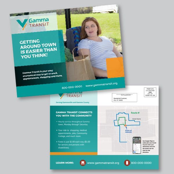 Promotional postcard for Gamma Transit. Turquoise and white with a woman and text about easy transportation.