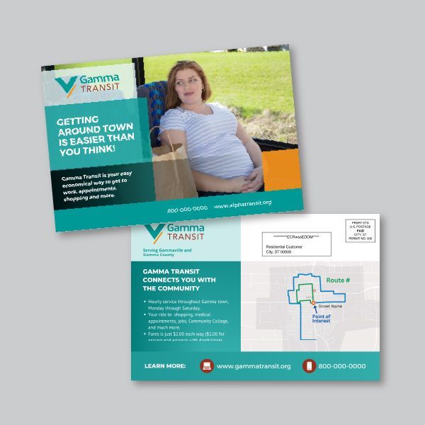 A postcard promoting Gamma Transit with an image of a pregnant woman on a bus; text and route map.