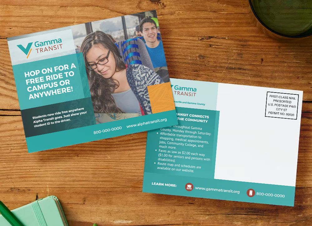 Two postcards advertising Gamma Transit, featuring students, on a wooden surface. Turquoise and orange color scheme.