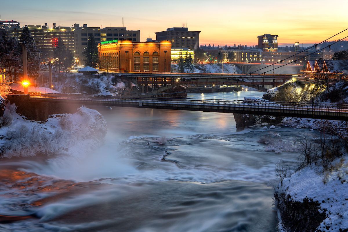Sunset over Spokane, WA waterfall