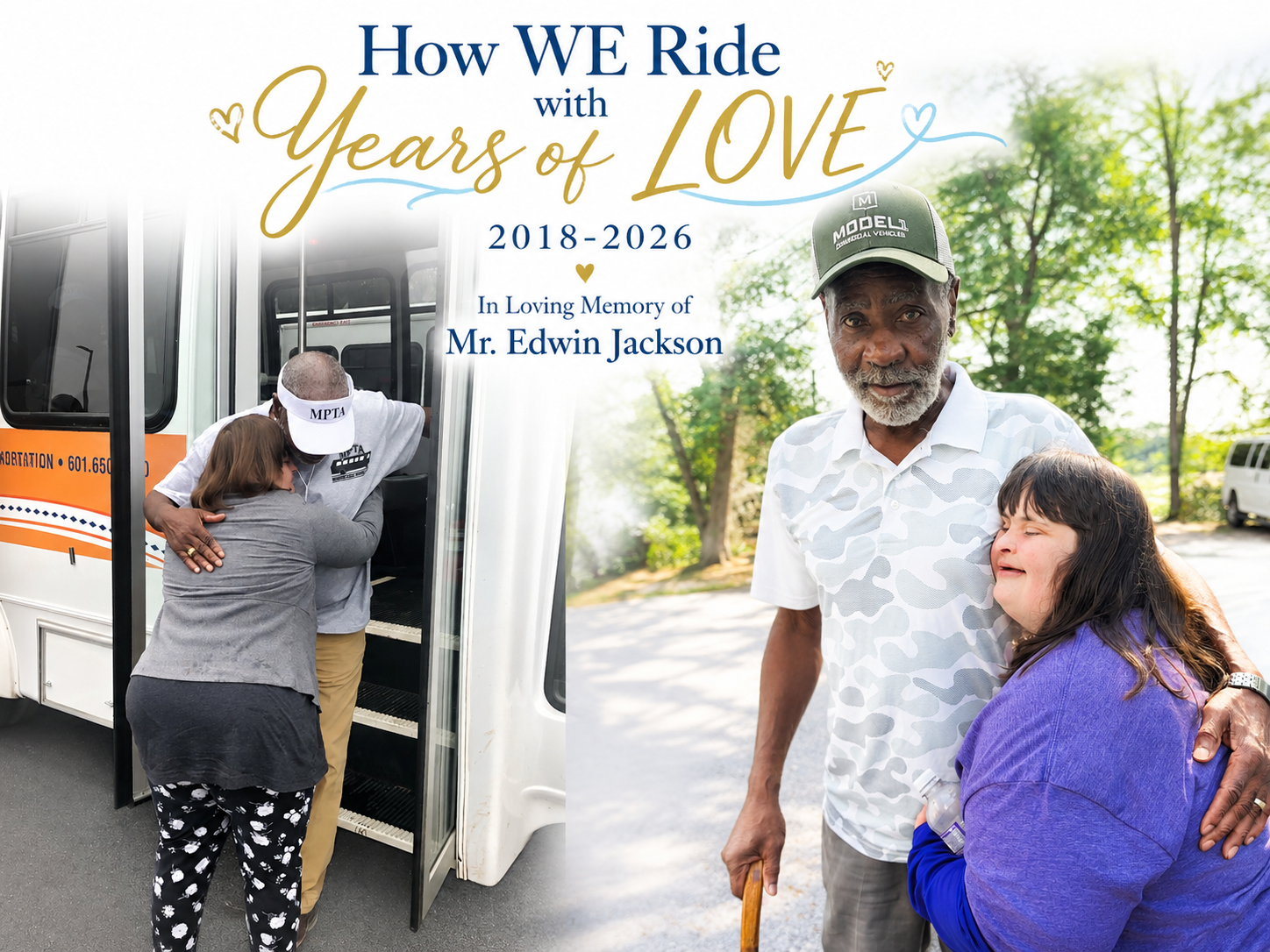 A driver and a rider hugging near a bus