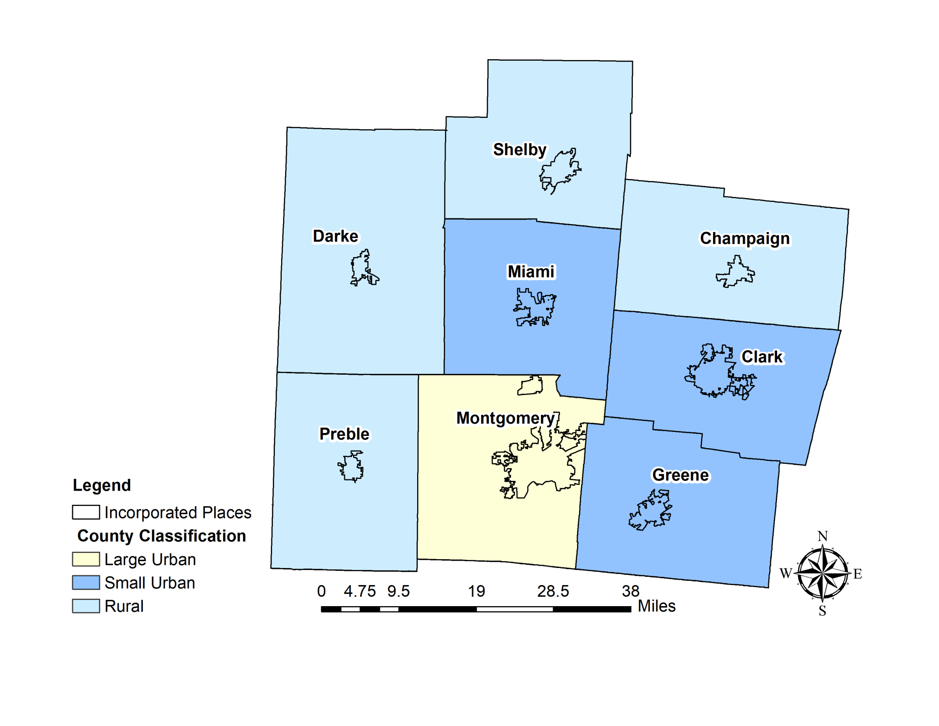 Map of Miami Valley communities, color-coded by large urban, small urban and rural
