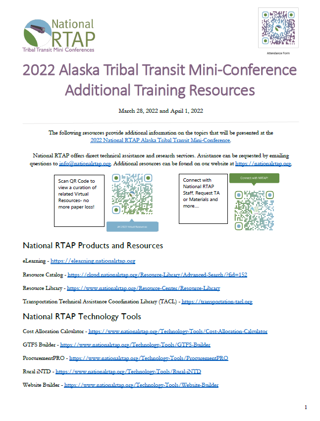 Flyer for the 2022 Alaska Tribal Transit Mini-Conference, listing resources.