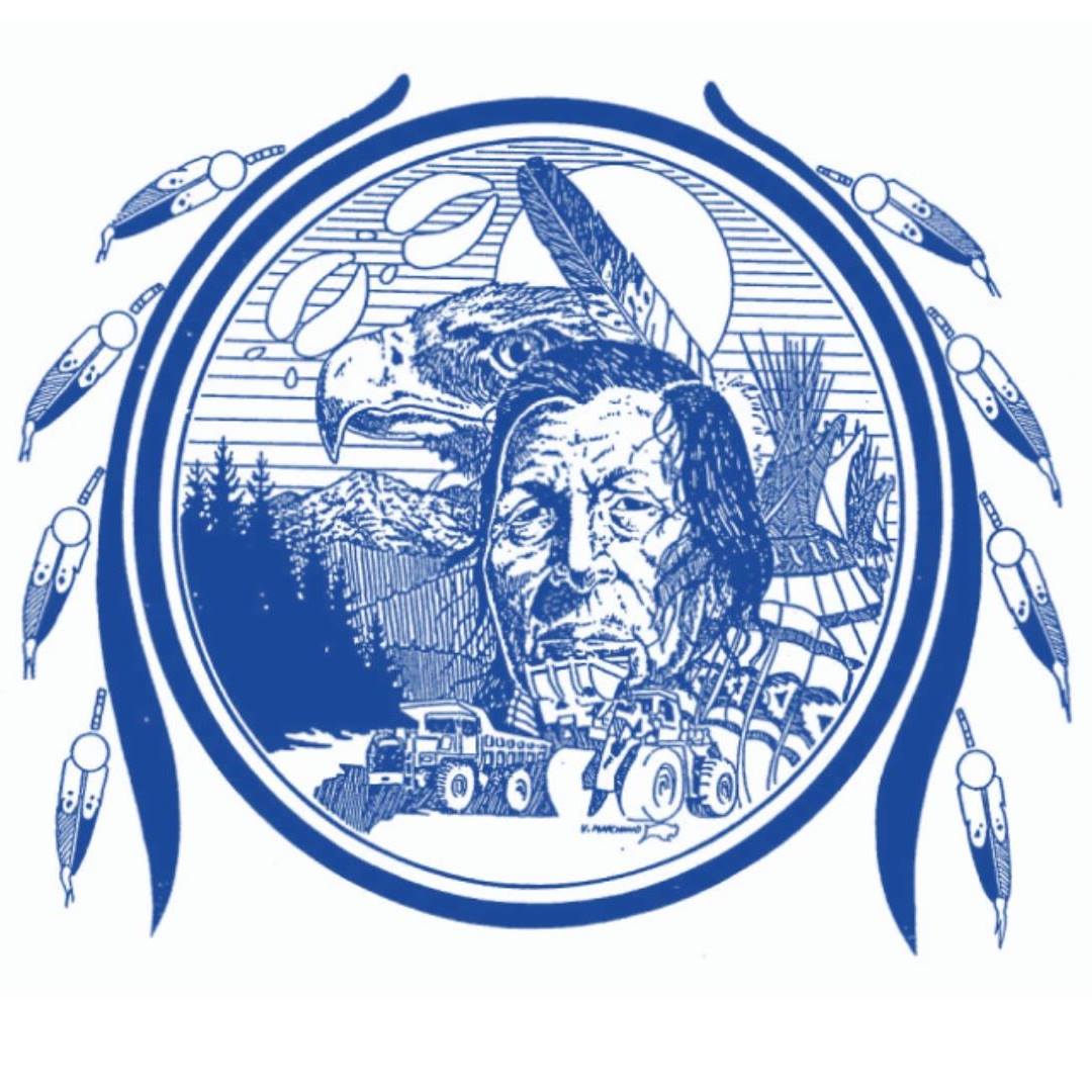Blue illustration: Native American man, eagle, and landscape within a circle decorated with feathers.