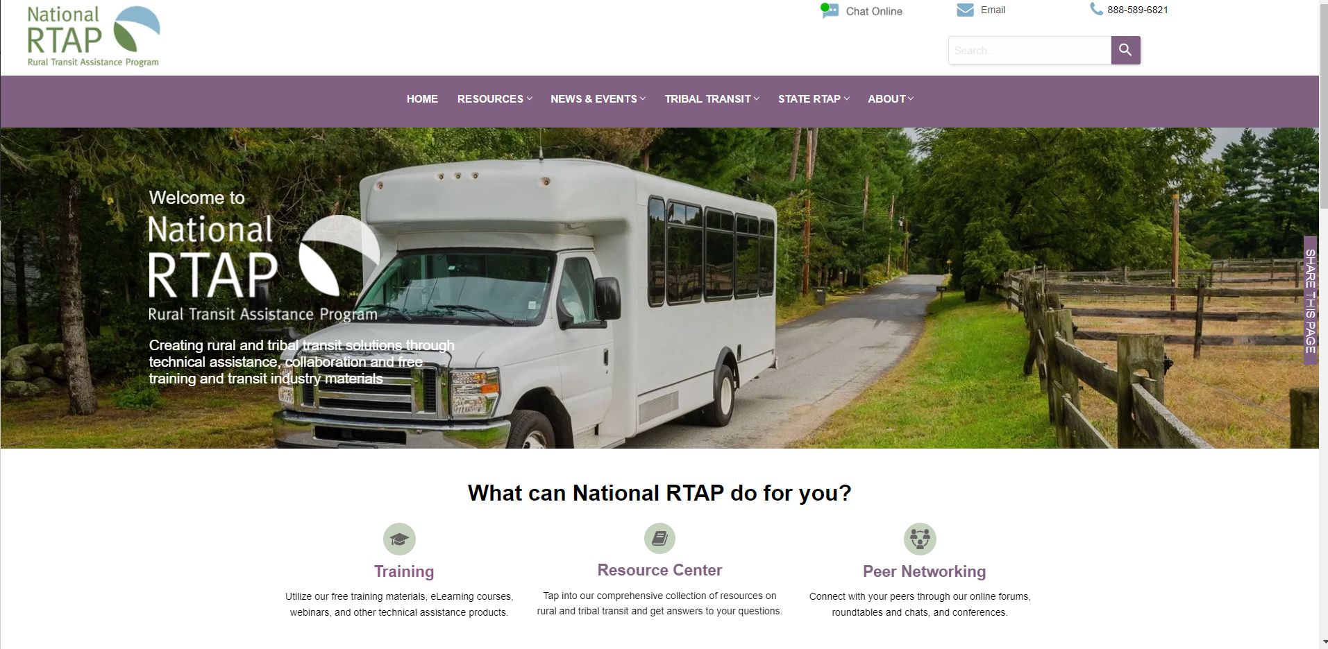 Website homepage with a bus on a road and text describing services offered by National RTAP.