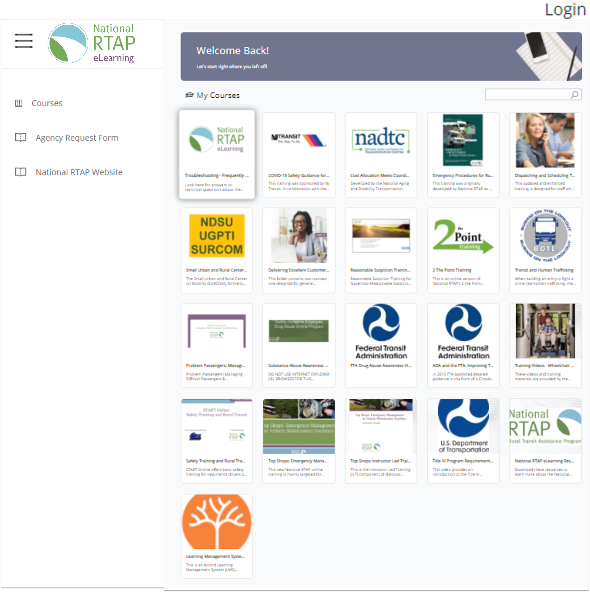 National RTAP eLearning website homepage with course icons.