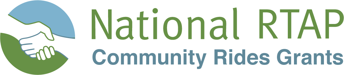 Logo for National RTAP Community Rides Grants featuring two hands shaking within a blue and green circle.