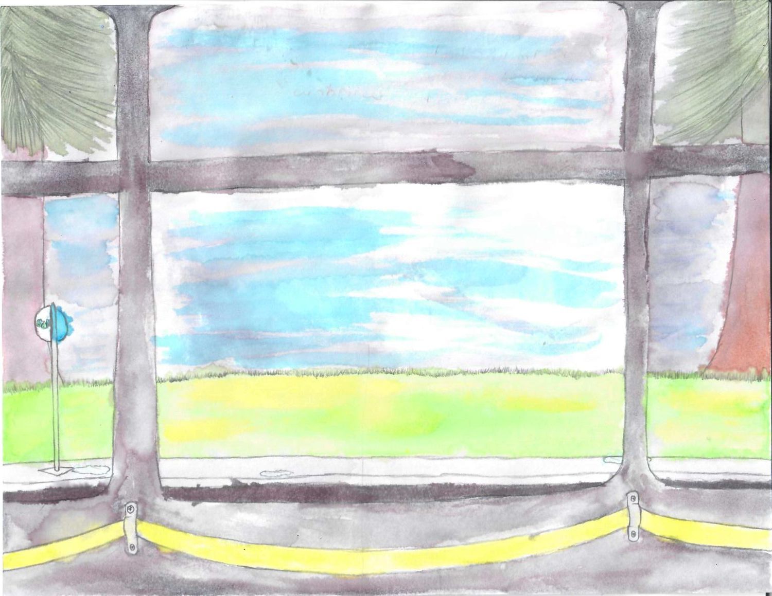View of grass, trees, and sky from bus window