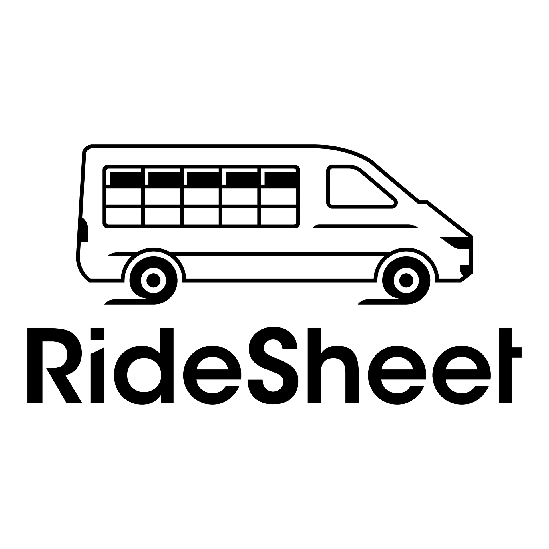 RideSheet logo: Black van with seats, over the word 