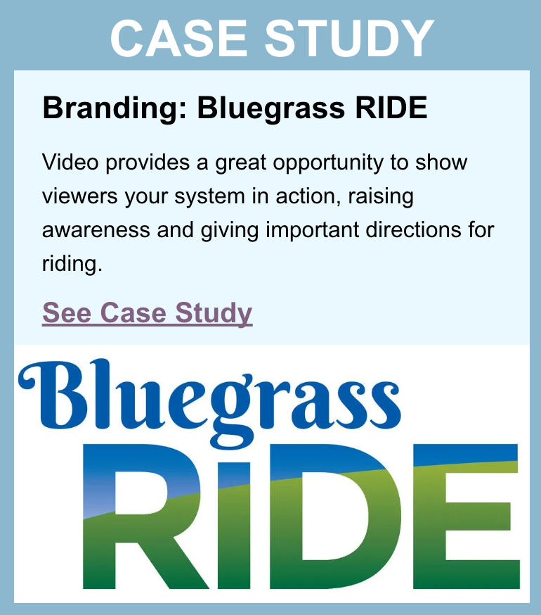 Case study: Bluegrass RIDE branding. Text promotes video to raise awareness and provide riding directions. Blue and green logo.