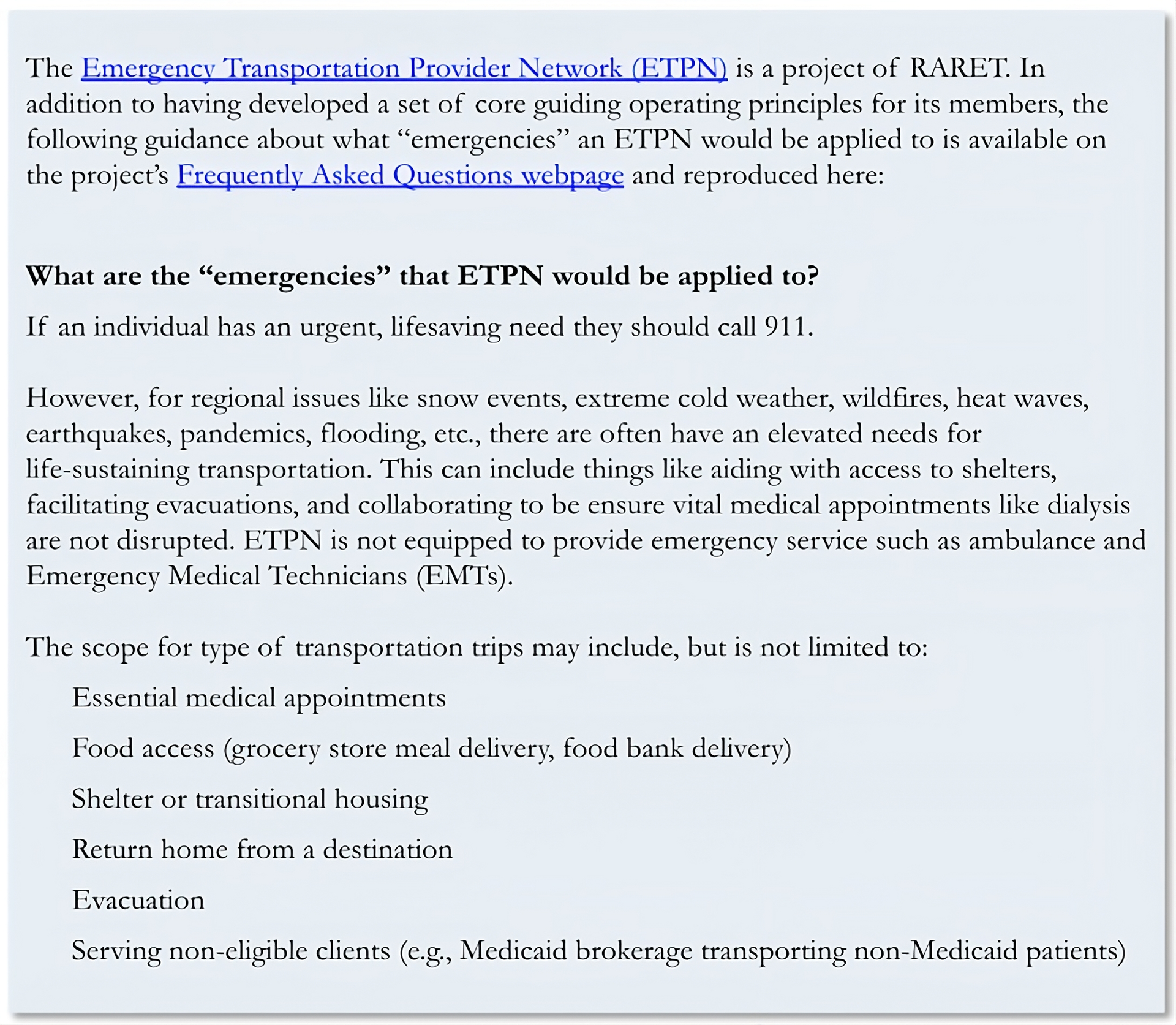 Information on Emergency Transportation Provider Network (ETPN) applications, including emergency types and transportation scope.