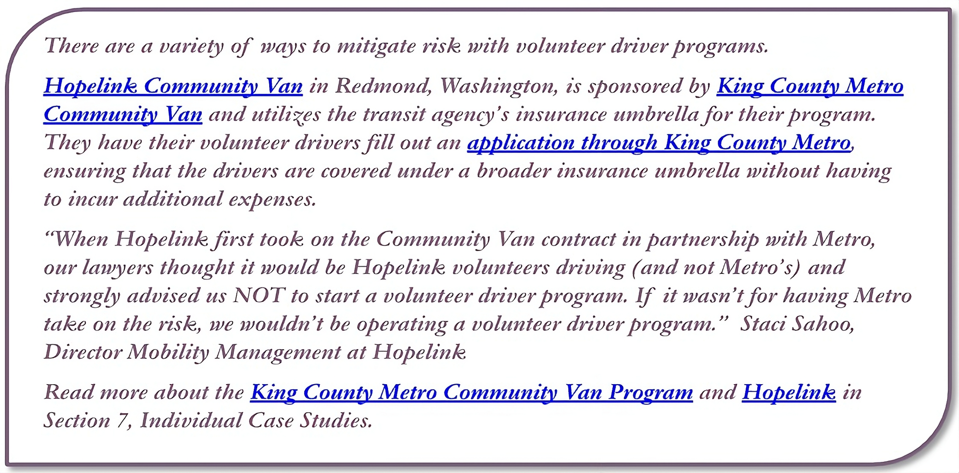Text discussing Hopelink Community Van, sponsored by King County Metro, and their volunteer driver program in Redmond, Washington.